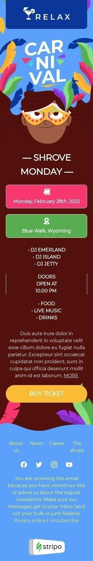 Шаблон листа до свята Масляний понеділок «Відпочиньте» для індустрії «Захоплення» мобільний вигляд