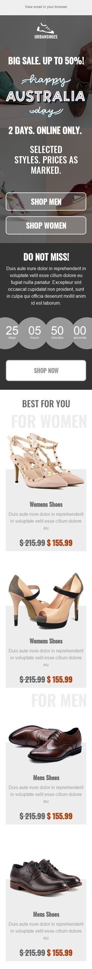 Australia Day Email Template "Selected style" for Fashion industry mobile view