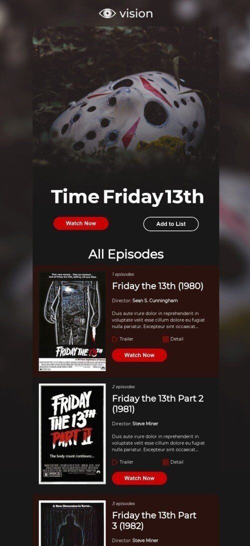 Freitag der 13. E-Mail-Vorlage «Time Friday 13th» für Filme-Branche Ansicht auf Mobilgeräten