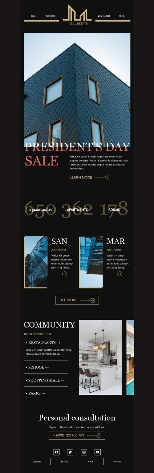 Modelo de E-mail de «Modo de vida moderno» de Dia dos Presidentes para a indústria de Imóveis Visualização de desktop