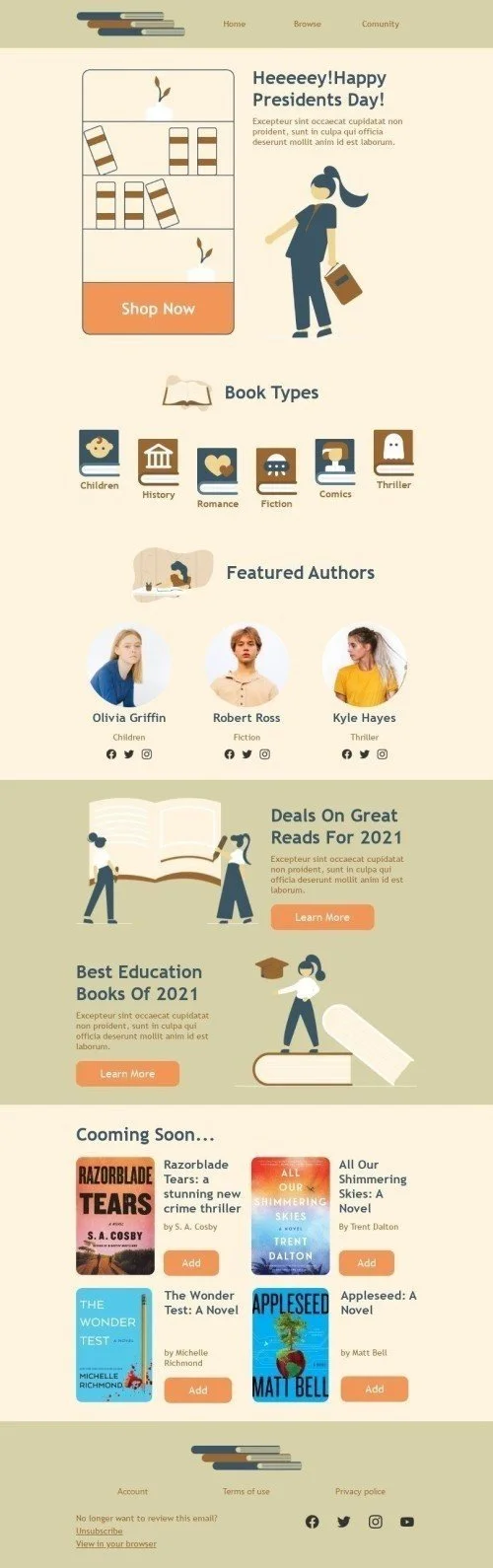 Presidents' Day Email Template «Featured Authors» for Books & Presents & Stationery industry