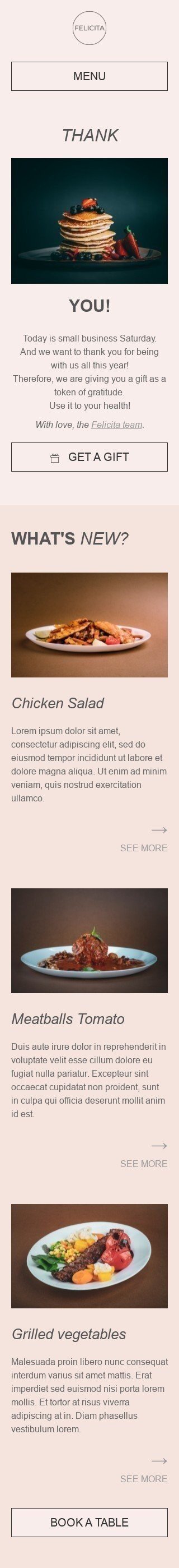 Plantilla de correo electrónico «Palabras de agradecimiento» de Sábado de pequeñas empresas para la industria de Restaurantes Vista de móvil