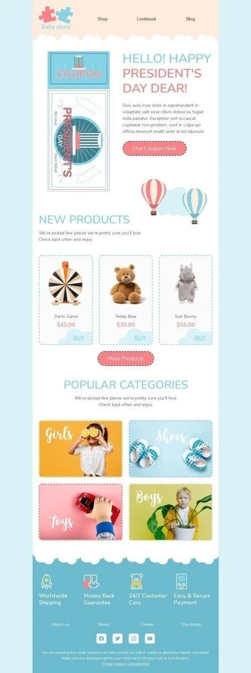 Presidents' Day Email Template «Presidents Day Coupon» for Kids Goods industry