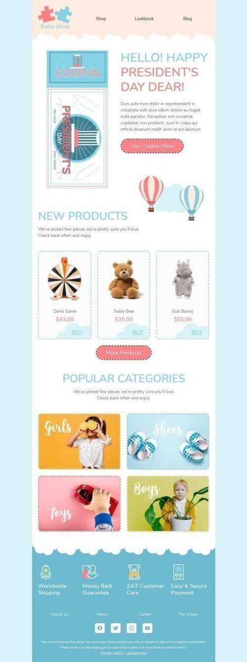 Modello Email Giorno dei presidenti «Buono per il giorno dei presidenti» per il settore industriale di Prodotti per bambini Visualizzazione mobile