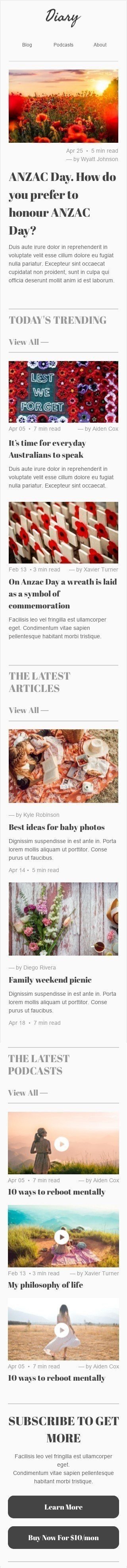 Шаблон письма к празднику День Анзак «Празднование Дня Анзака» для индустрии «Публикации и Блог» мобильный вид