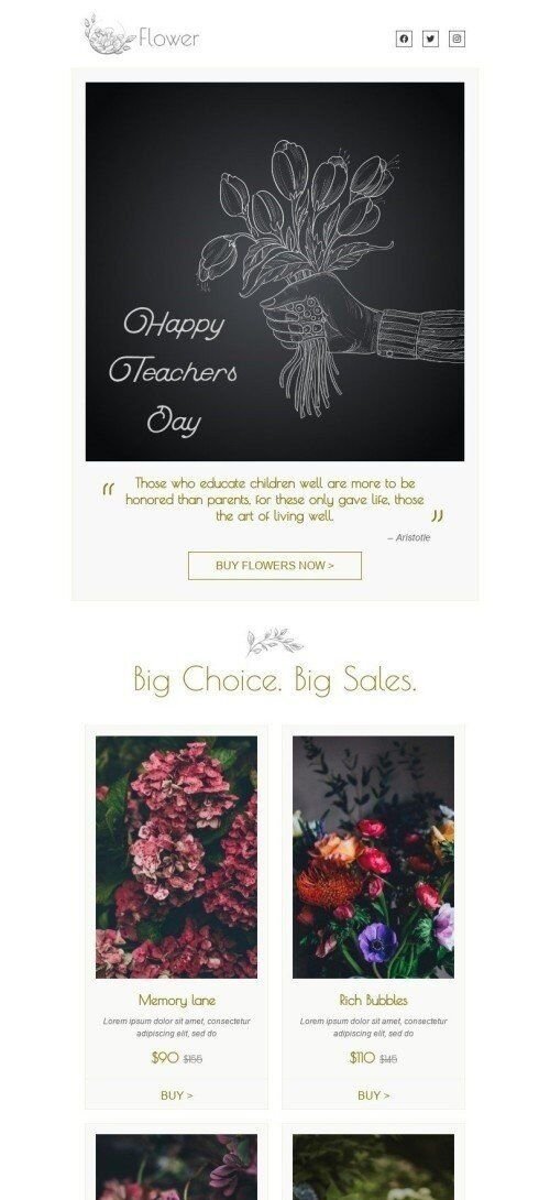 Weltlehrertag E-Mail-Vorlage «Blumen für Lehrer» für Geschenkartikel & Blumen-Branche Ansicht auf Mobilgeräten
