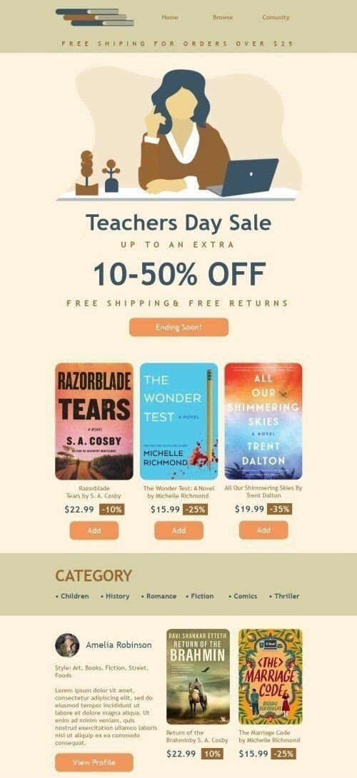 Weltlehrertag E-Mail-Vorlage «Angebot zum Lehrertag» für Bücher & Geschenke & Schreibwaren-Branche Ansicht auf Mobilgeräten