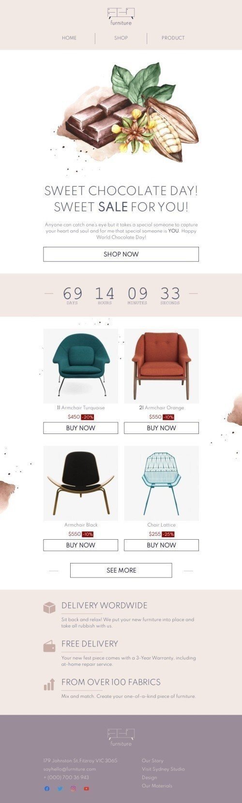 Modello Email Giornata Internazionale del Cioccolato «Dolce vendita per te» per il settore industriale di Arredamento, interni e fai da te Visualizzazione mobile