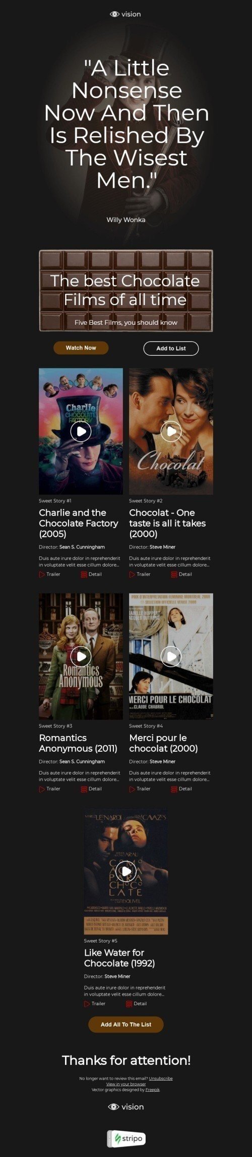 International Chocolate Day Email Template «Five Sweet Stories» for Movies industry mobile view