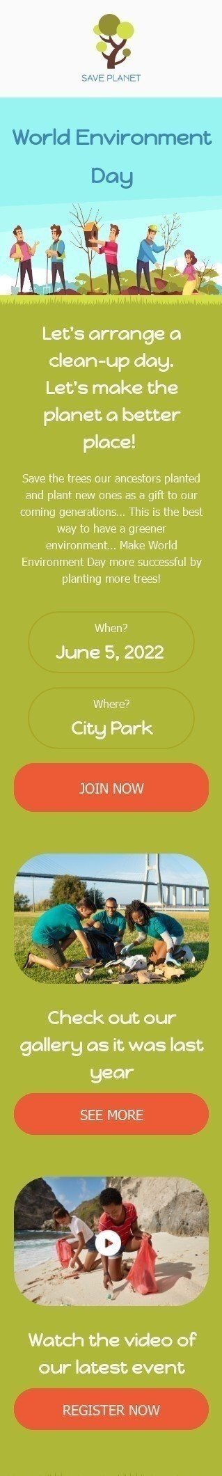 Modèle de courrier électronique Journée mondiale de l'environnement «Сlean-up jour» pour le secteur Collecte de fonds Affichage mobile
