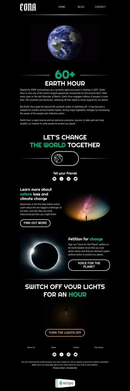 Plantilla de correo electrónico «Apagar las luces» de Hora del Planeta para la industria de Sin fines de lucro y caridad Vista de móvil