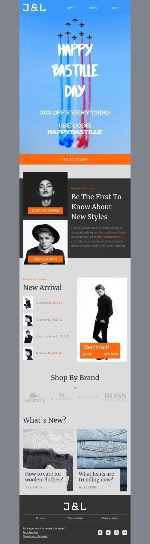 Bastille Day Email Template «Black and white style» for Fashion industry