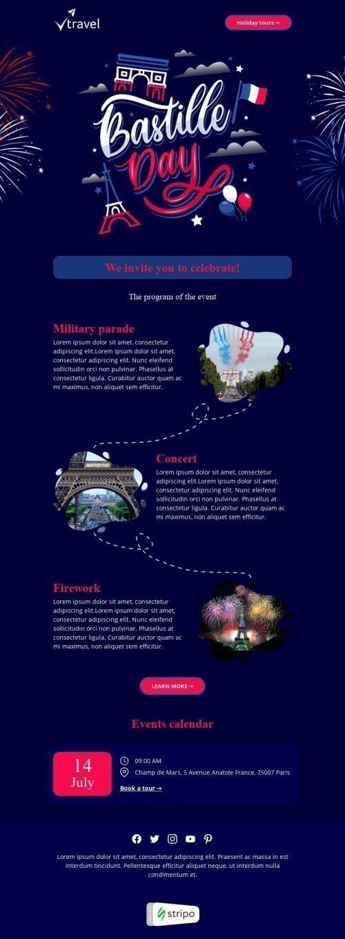 Modello Email Il Giorno della Bastiglia «Festeggia con noi» per il settore industriale di Turismo Visualizzazione desktop
