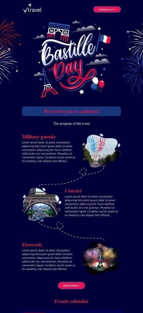 Шаблон письма к празднику День взятия Бастилии «Празднуйте вместе с нами» для индустрии «Туризм» мобильный вид