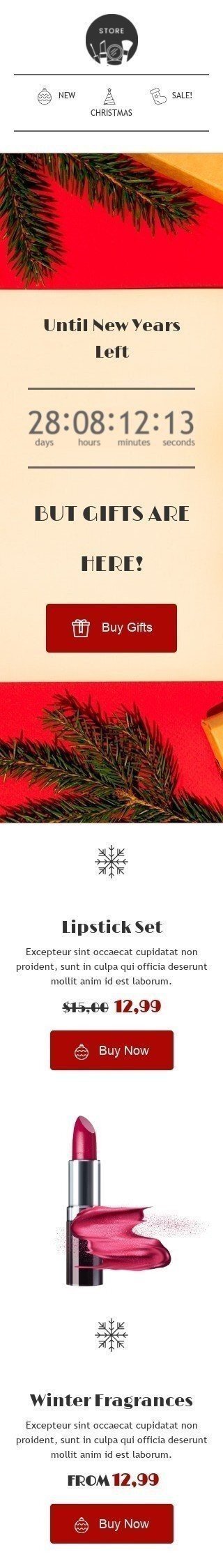 Modelo de E-mail de «Os presentes estão aqui» de Natal para a indústria de Beleza e Cuidados Pessoais Visualização de dispositivo móvel