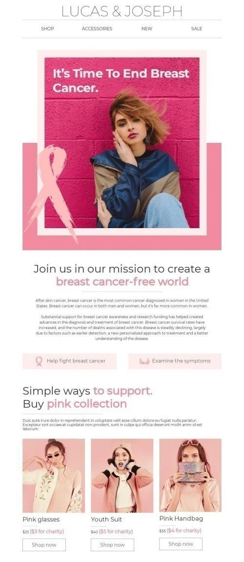 The Breast Cancer Awareness Month Email Template «A world without breast cancer» for Fashion industry