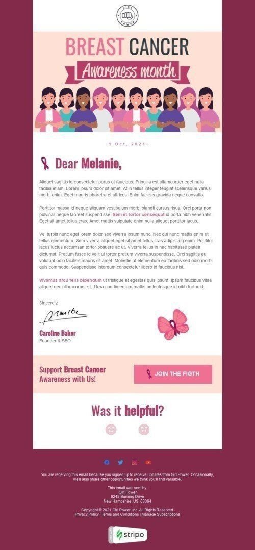 Brustkrebsmonat Oktober E-Mail-Vorlage «Brustkrebs unterstützen» für Gemeinnützig & Wohltätigkeit-Branche Ansicht auf Mobilgeräten