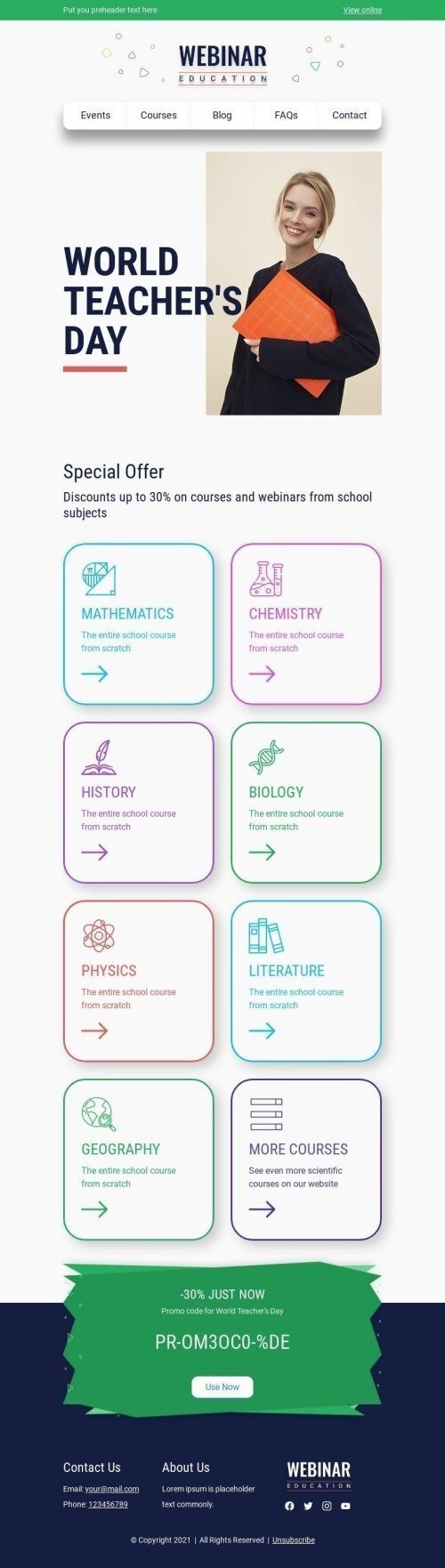 Modelo de E-mail de «Cursos de matérias escolares» de Dia Internacional do Professor para a indústria de Webinars Visualização de desktop