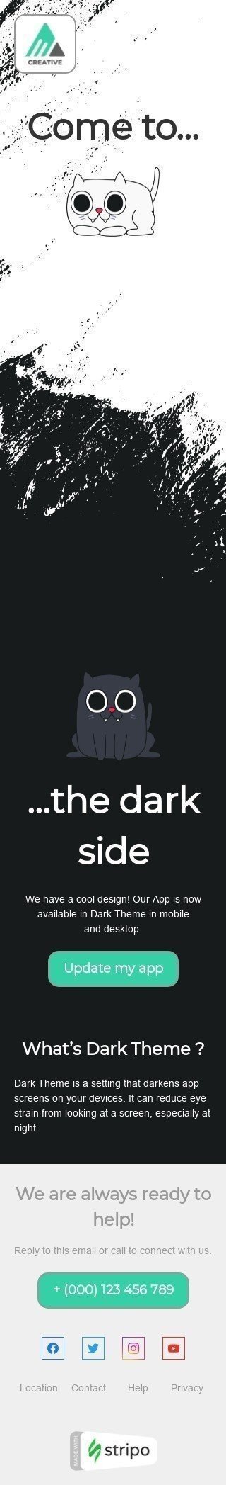 Plantilla de correo electrónico «Tema oscuro» de Actualización del producto para la industria de Diseño Vista de móvil