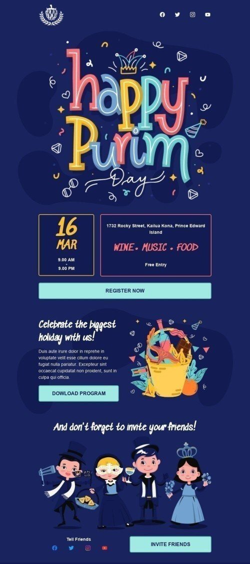 Modello Email Purim «Buon Purim» per il settore industriale di Hobby Visualizzazione desktop