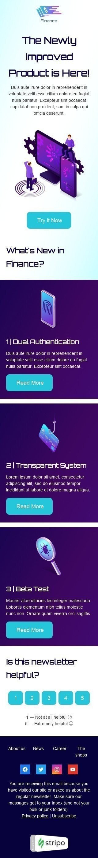 Шаблон письма «Улучшенный продукт здесь» тематики Обновление продукта для индустрии «Финансы» мобильный вид