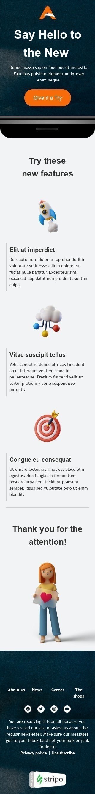 Шаблон письма «Поприветствуйте новые возможности» тематики Обновление продукта для индустрии «Туризм» мобильный вид