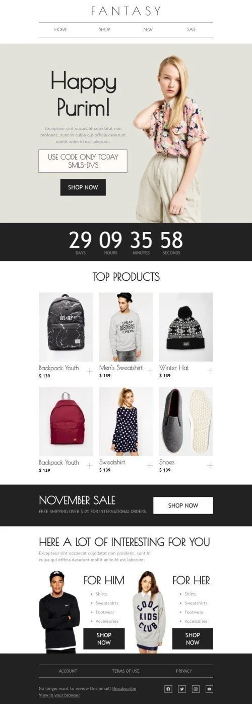 Purim Email Template «Something special» for Fashion industry