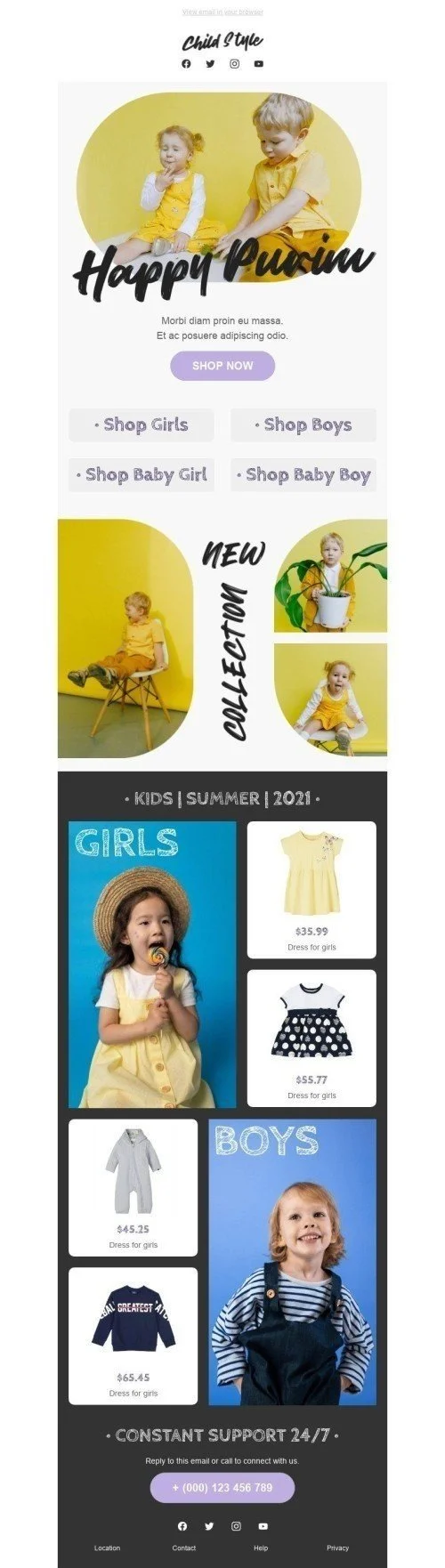 Purim Email Template «Child Style» for Kids Goods industry