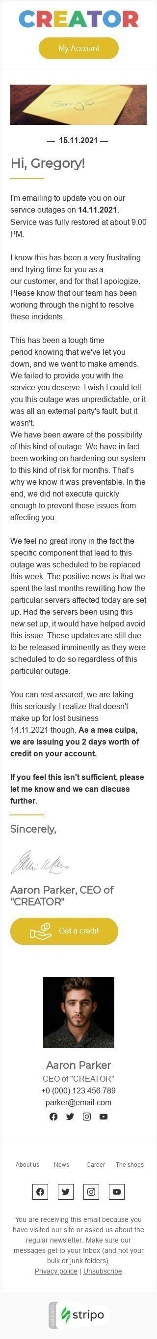 Entschuldigung E-Mail-Vorlage «Entschuldigen Sie die Umstände» für Design-Branche Ansicht auf Mobilgeräten