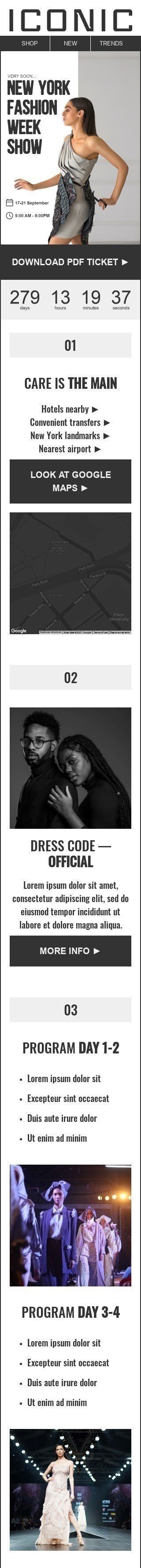 Modelo de E-mail de «Lembrete e programa» de Semana da Moda para a indústria de Moda Visualização de dispositivo móvel