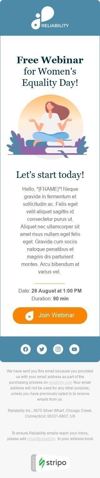 Plantilla de correo electrónico «Recordatorio por una hora» de Día Internacional de la Mujer para la industria de Seminarios en línea Vista de móvil