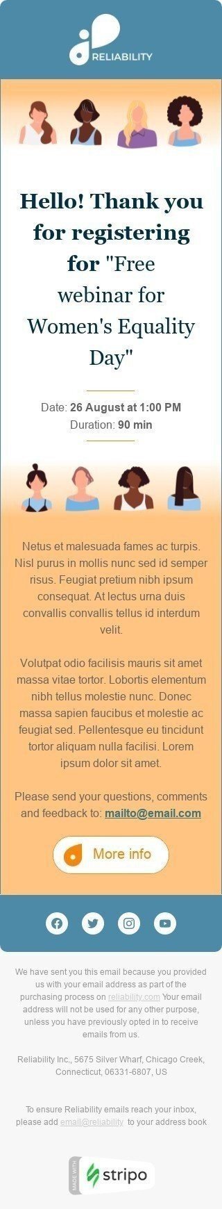 Шаблон письма к празднику День Равенства Женщин «Спасибо за регистрацию» для индустрии «Обучение и Информация» мобильный вид