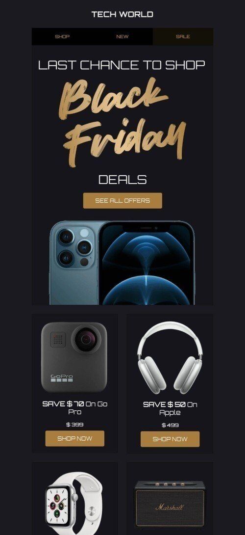 Modelo de E-mail de «Última chance» de Black Friday para a indústria de Gadgets Visualização de dispositivo móvel