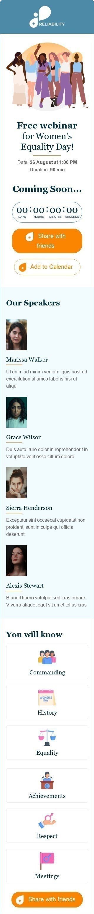 Modelo de E-mail de «Informações introdutórias» de Dia Internacional da Igualdade Feminina para a indústria de Webinars Visualização de dispositivo móvel