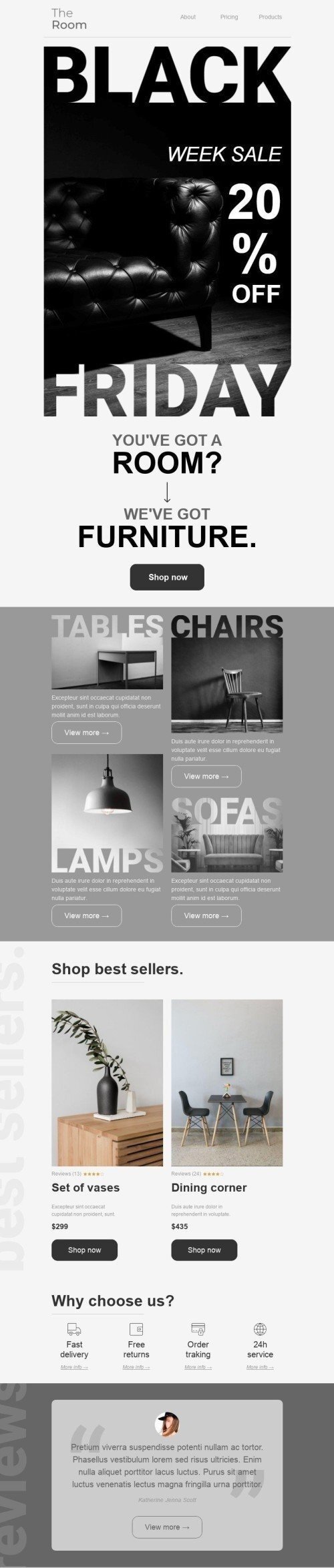 Modelo de E-mail de «Você tem um quarto?» de Black Friday para a indústria de Móveis, Decoração e DIY Visualização de desktop