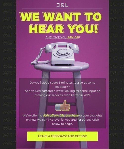 Survey & Feedback Email Template "We want to hear you" for Fashion industry mobile view