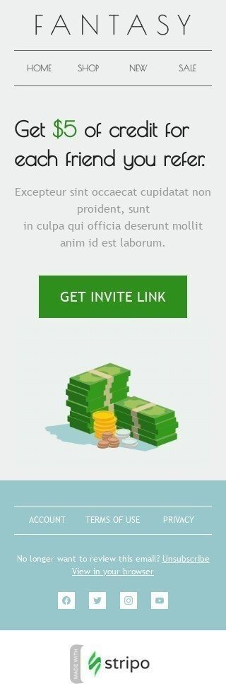 Modello di Email di Riferimento "Ottieni 5 dollari di credito" per il Settore della Moda Visualizzazione mobile