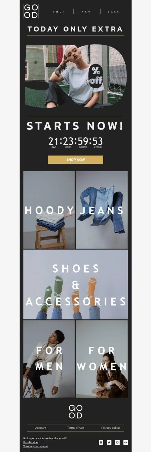 Discount Email Template "Selection by category" for Fashion industry
