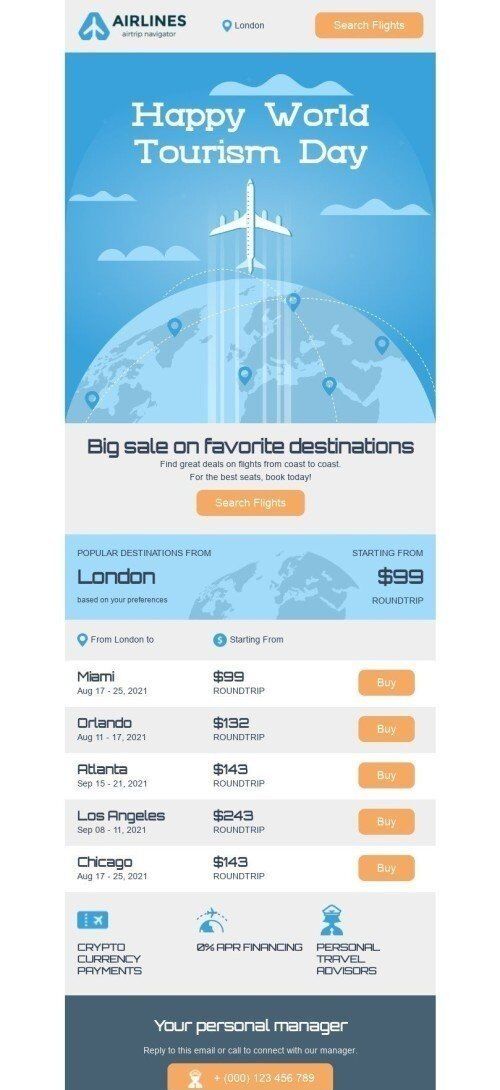 World Tourism Day Email Template «Roundtrip» for Travel industry mobile view