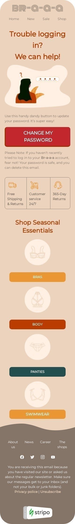 Password Reset Email Template "Trouble logging in" for Fashion industry mobile view