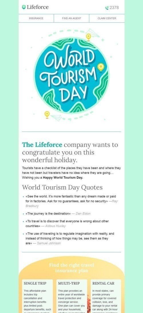 World Tourism Day Email Template «See the world» for Insurance industry mobile view
