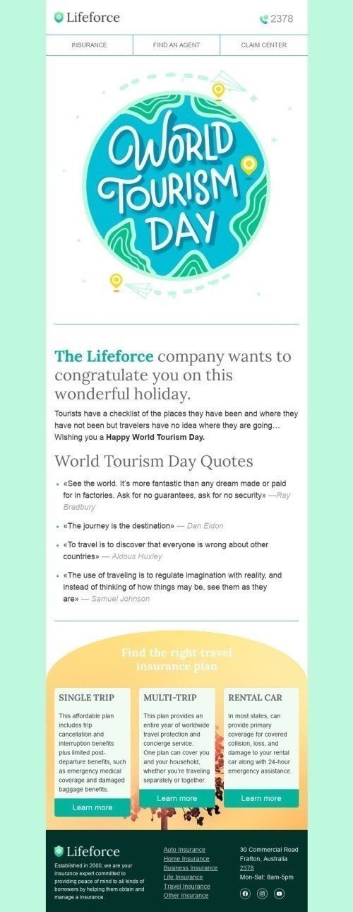 Шаблон листа до свята Всесвітній день туризму «Побачити світ» для індустрії «Страхування» мобільний вигляд