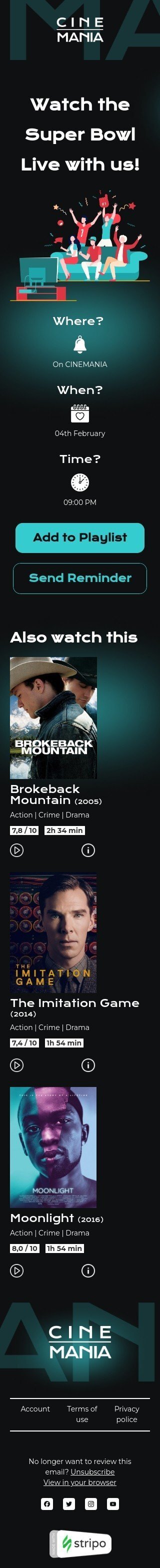 Шаблон листа до свята Супербоул/Суперкубок «Дивіться Суперкубок у прямому ефірі з нами» для індустрії «Спорт» мобільний вигляд