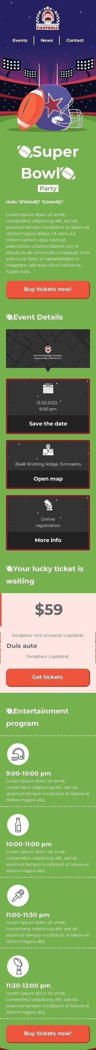 Modello Email Super Bowl «Festa del Super Bowl» per il settore industriale di Sport Visualizzazione mobile