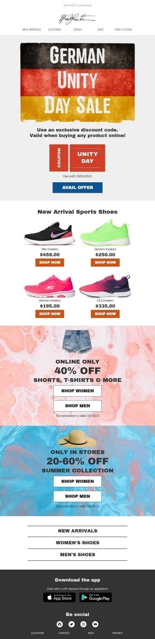 Tag der Deutschen Einheit E-Mail-Vorlage «Sportschuhe» für Mode-Branche Ansicht auf Mobilgeräten