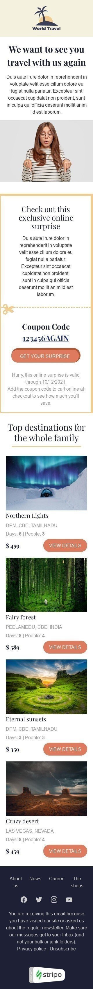 Plantilla de correo electrónico «Nosotros queremos verte» de Retención y reactivación para la industria de Turismo Vista de móvil