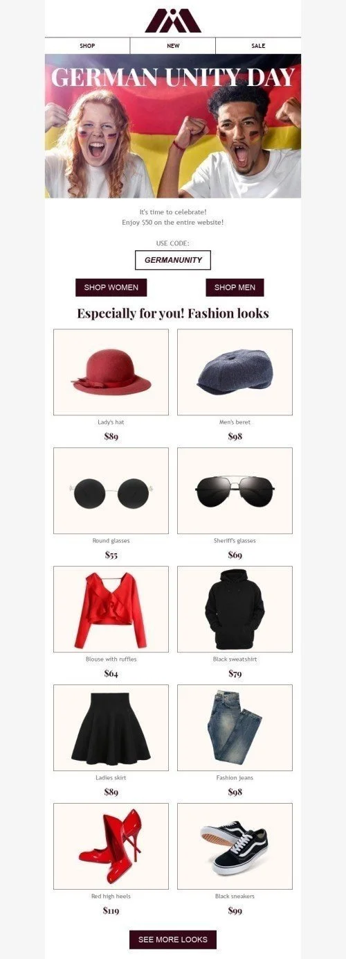 German Unity Day Email Template "Especially for you" for Fashion industry