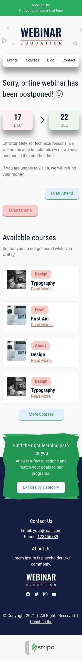 Шаблон письма «Отложенное мероприятие» тематики Извинение для индустрии «Школа и Образование» мобильный вид