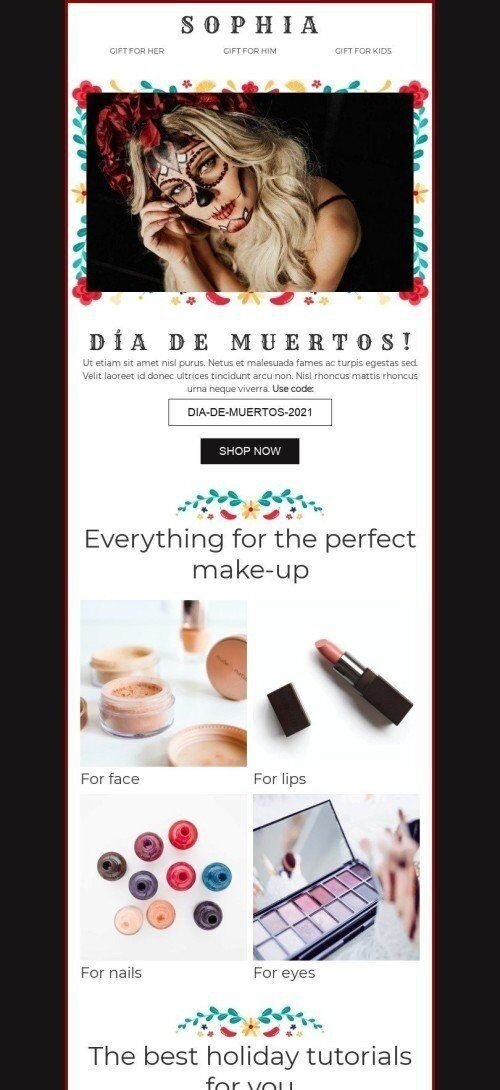 Tag der Toten E-Mail-Vorlage «Perfektes Make-up» für Beauty & Pflege-Branche Ansicht auf Mobilgeräten