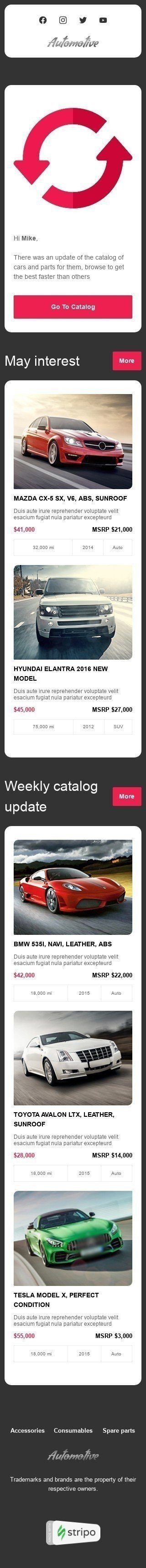 Шаблон письма «Новый предмет» тематики Обновление продукта для индустрии «Транспорт и Авто» мобильный вид